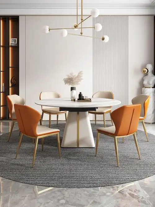 轻奢旋转岩板餐桌椅组合北欧家用小户型简约伸缩两用方桌可变圆桌