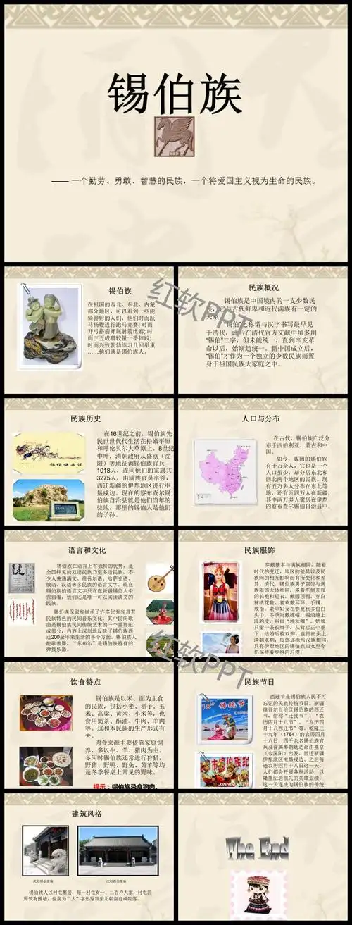 这是锡伯族ppt,包括了锡伯族,民族概况,民族历史,人口与分布,语言和