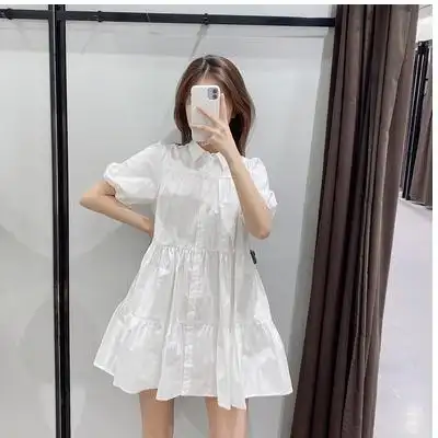 现货2020新款 夏季大码女装泡泡裙衬衫领宽摆白色连衣裙