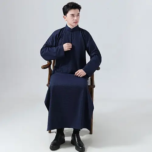 中国风中长款斜襟民国明制立领长衫男女相声大褂长袍马褂男伴郎服