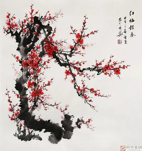 安徽美协何华贤四尺斗方《红梅报春》 - 梅花图 - 99字画网