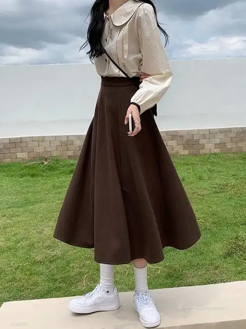 咖色毛呢半身裙女秋冬2021年新款高腰显瘦法式复古大码垂感a字裙