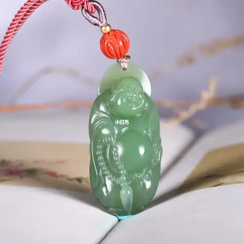 和田玉碧玉粉绿弥勒佛吊坠