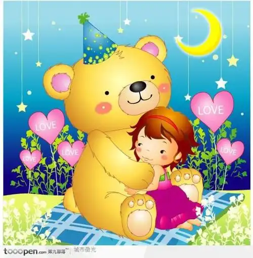 卡通儿童插画-抱着大熊娃娃的女孩
