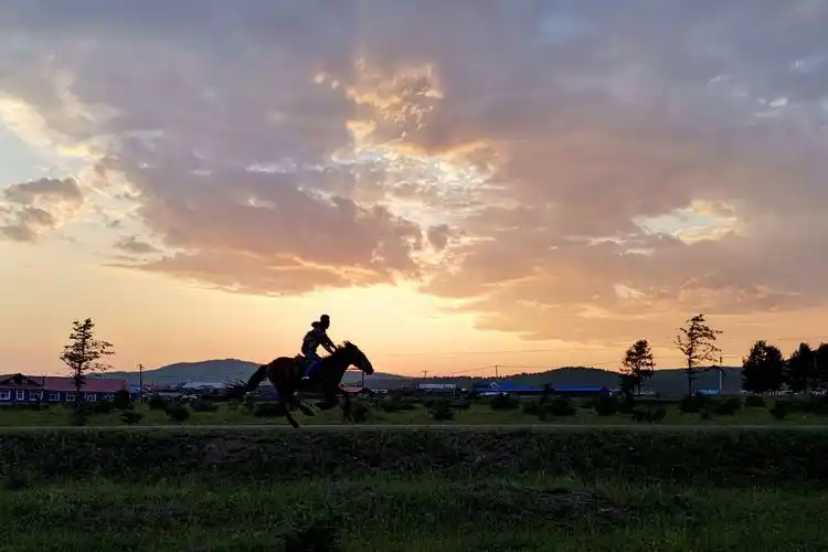 夕阳下骑马奔驰的少年