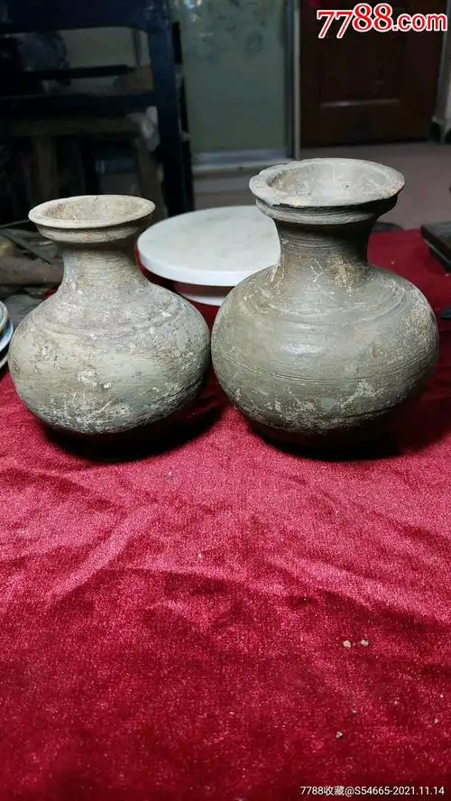 保真拍品:汉陶灰陶硬陶精美花瓶摆件一对-价格:120元-au28324929-灰陶