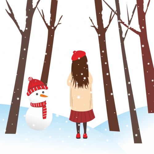 冬天女孩背影雪景雪人图片