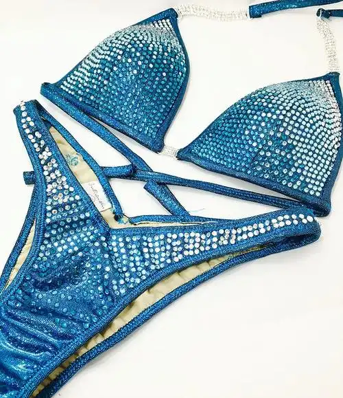 美国品牌性感红色比基尼游泳衣水晶装饰旋转图案泳装健美比赛服装