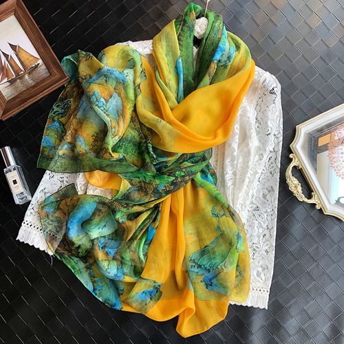 千里江山图中国风真丝丝巾夏季薄款桑蚕丝围巾长款披肩女春夏防晒