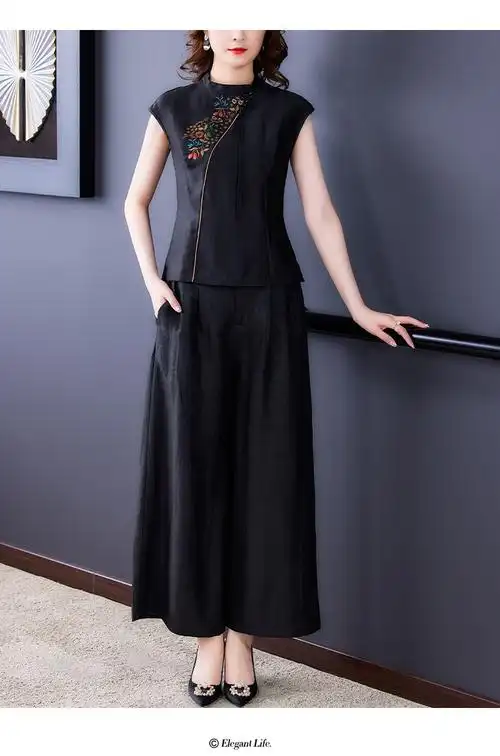 8955#香云纱套装女夏季八分袖真丝桑蚕丝绸莨绸复古女装中国风