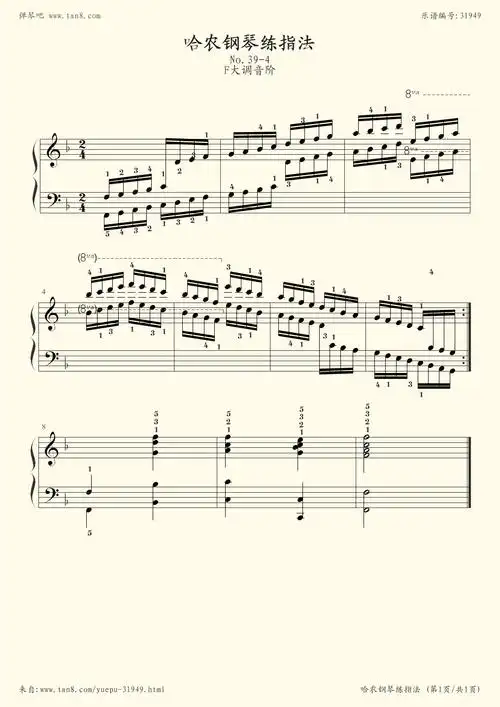 钢琴谱:哈农钢琴练指法39(f大调音阶)