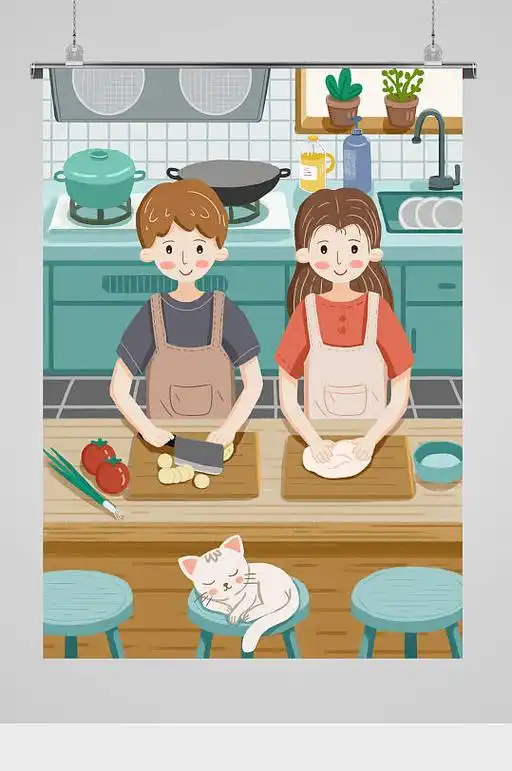 情侣男女居家做饭-众图网