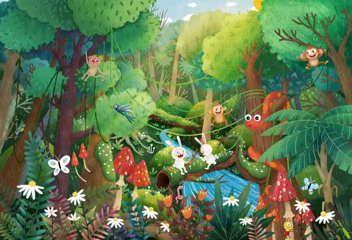 儿童插画原创‖热带雨林 第一次尝试原创,一幅画从构思到完成画了三天