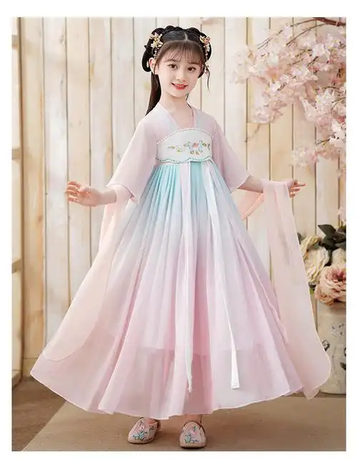 汉泉女童汉服夏季3-12岁女孩夏款复古连衣裙少女夏天中国风古装改良