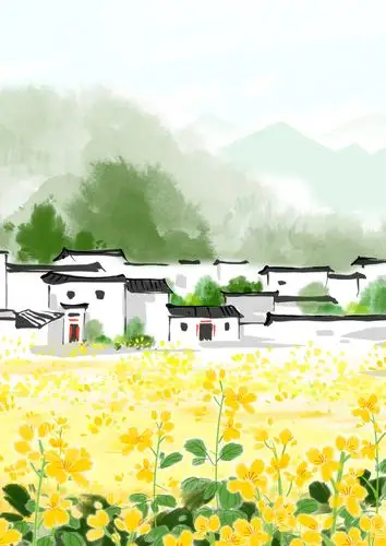 古典水墨画24节气春分江南的油菜花田