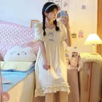 君瑞思软妹公主风睡衣女生夏季过膝短袖睡裙可爱日系甜美纯棉家居服