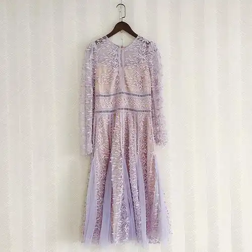 优雅礼服裙年会晚会2023名媛气质圆领蕾丝拼接网纱收腰连衣裙长裙