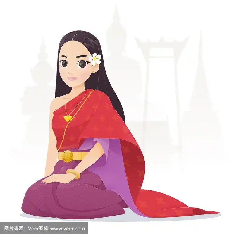 插图泰国妇女在泰国传统服装,传统东南亚服装,矢量卡通