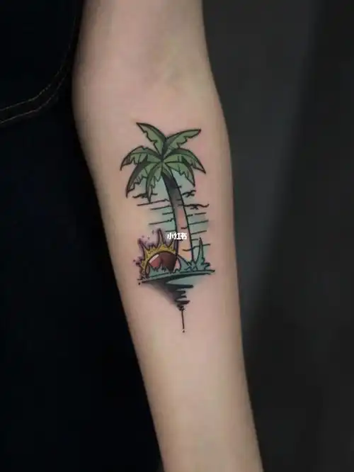 海滩落日椰子树彩色小纹身