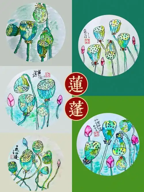 课程:《长脖子莲蓬》材料:宣纸,水彩,勾线笔教学内容:1.