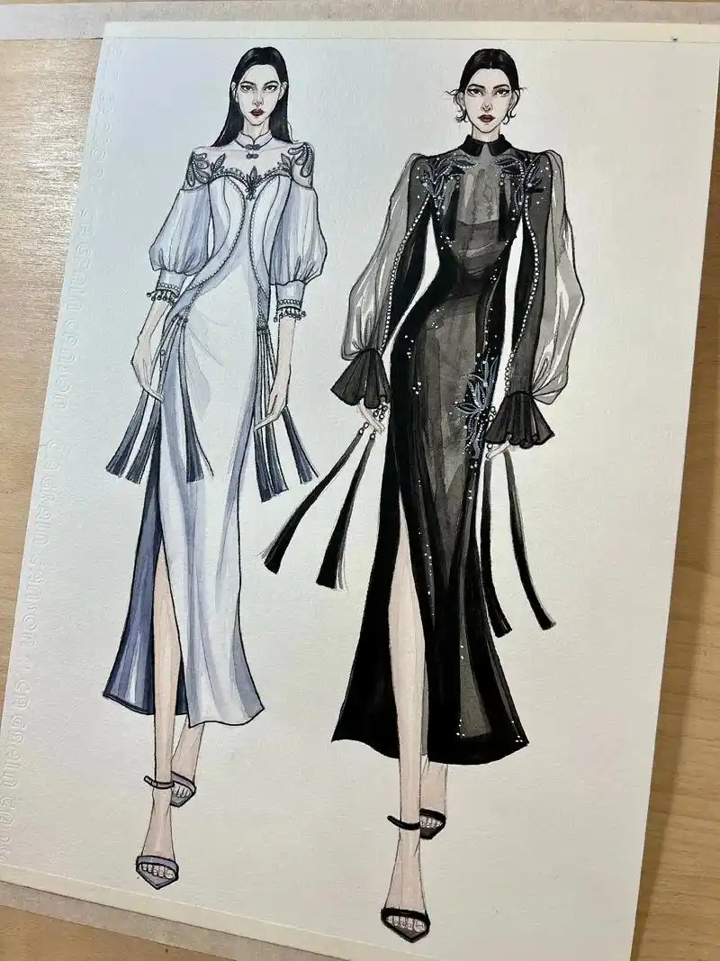 水彩效果图之中式改良旗袍#服装设计 #绘画 #手绘 #穿搭  - 抖音