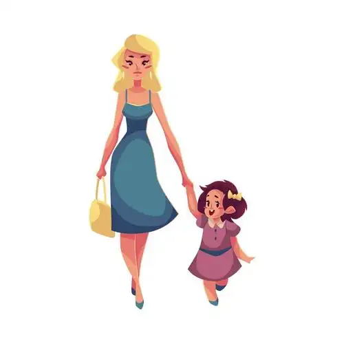 插画风格年轻的妈妈牵着女儿的手母女温情图片免抠矢量图素材