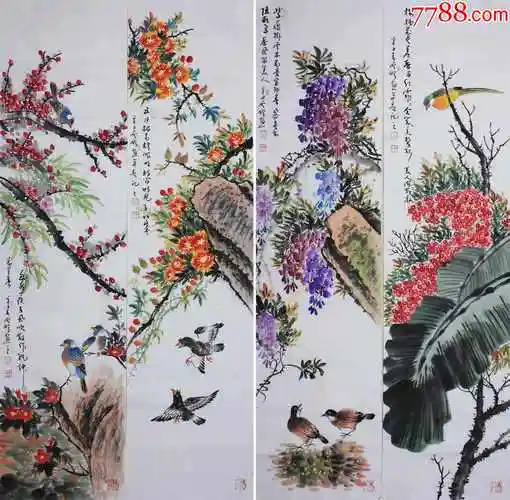 独家全权代理带合影收藏证书中美协会员实力名家高云鹏花鸟四条屏