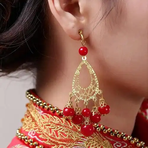 古装新娘耳环 红色珍珠耳夹款耳环 中式礼服配饰 秀禾服耳环