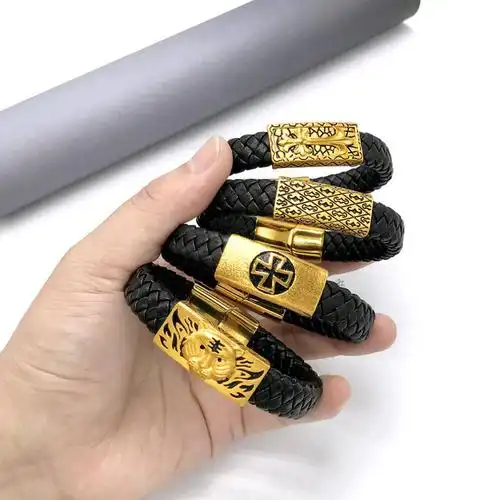 周大福焕美24k金男士手链个性黄金算盘老虎配件皮绳手镯宽精品礼物