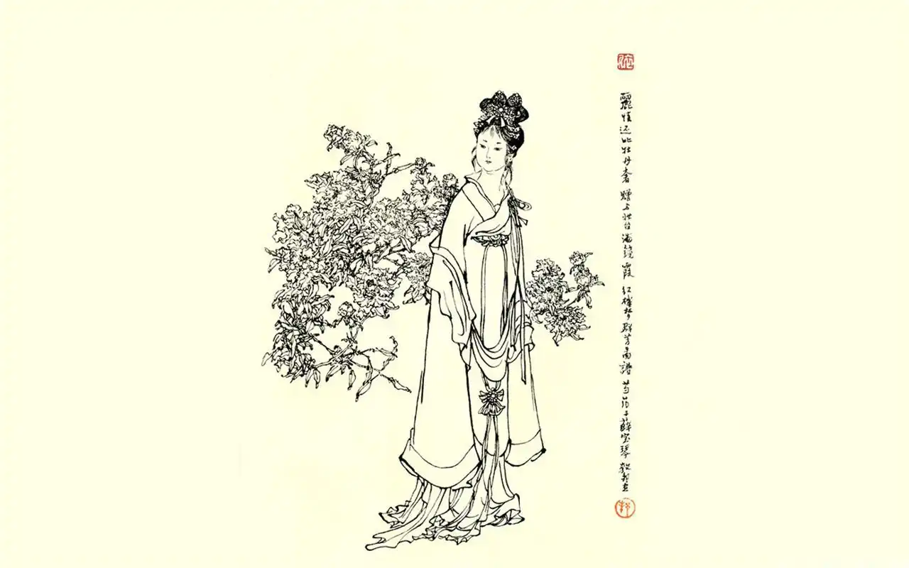 名著红楼梦十二衩古典美女手绘人物素描桌面壁纸高清(2)