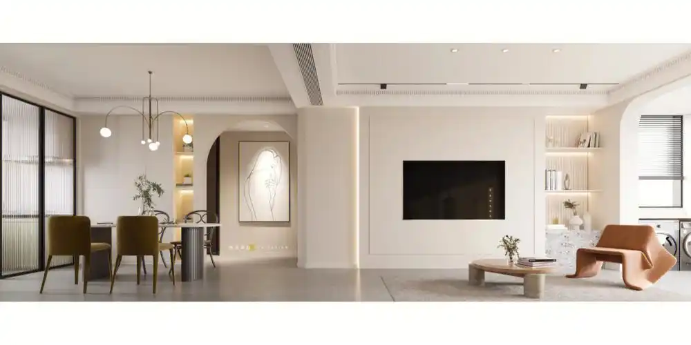 更多是倾向于简约和耐看,复古的石膏线与不单调的奶杏色墙漆,是一套