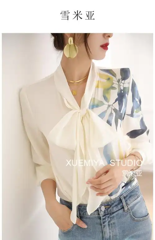 飘带真丝衬衫女春长袖高端印花设计感重磅丝绸衬衣法式桑蚕丝上衣