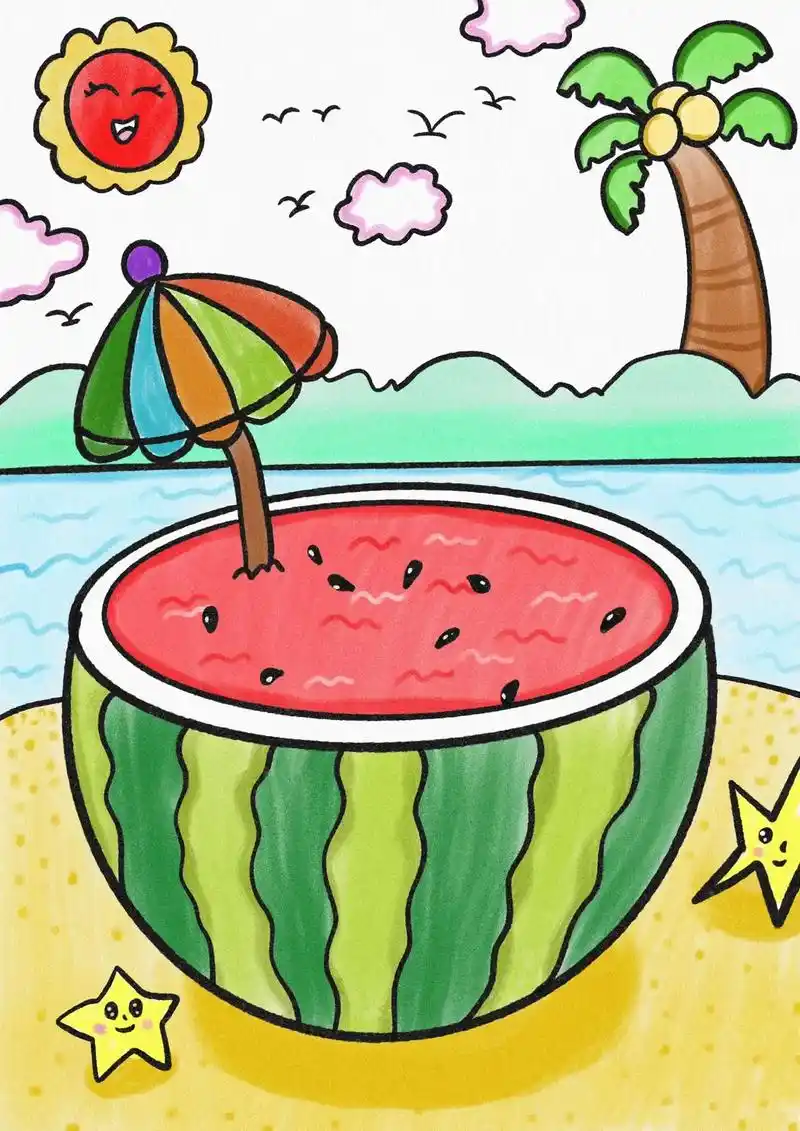 简笔画 夏天到了,画个西瓜解解渴!#六一儿童节 - 抖音