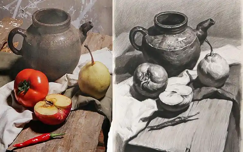 初级静物组合深色陶罐西红柿小辣椒苹果 北京华艺名画室