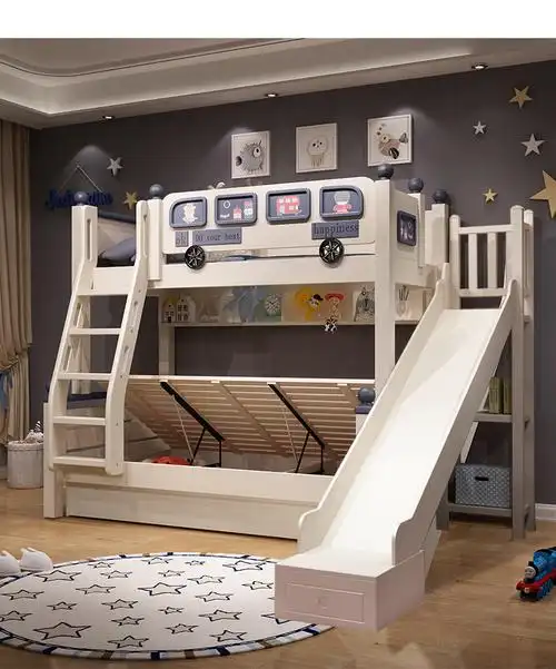 带滑梯的上下床双胞胎儿童床实木两层男孩上下铺木床双层床高低床子母