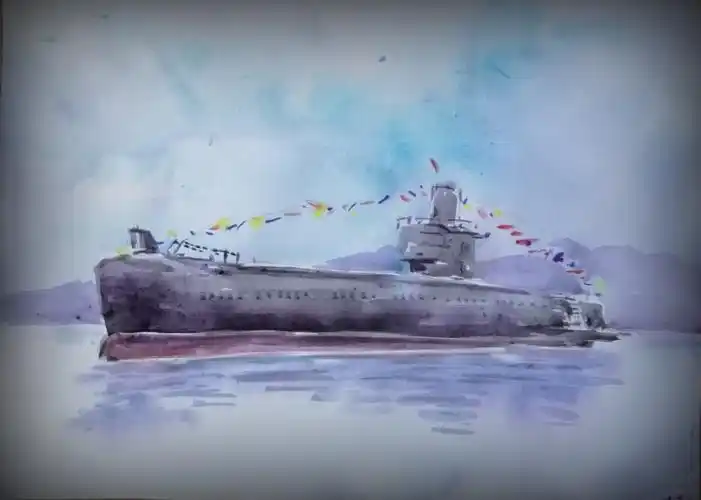 水彩 刘公岛上的潜艇