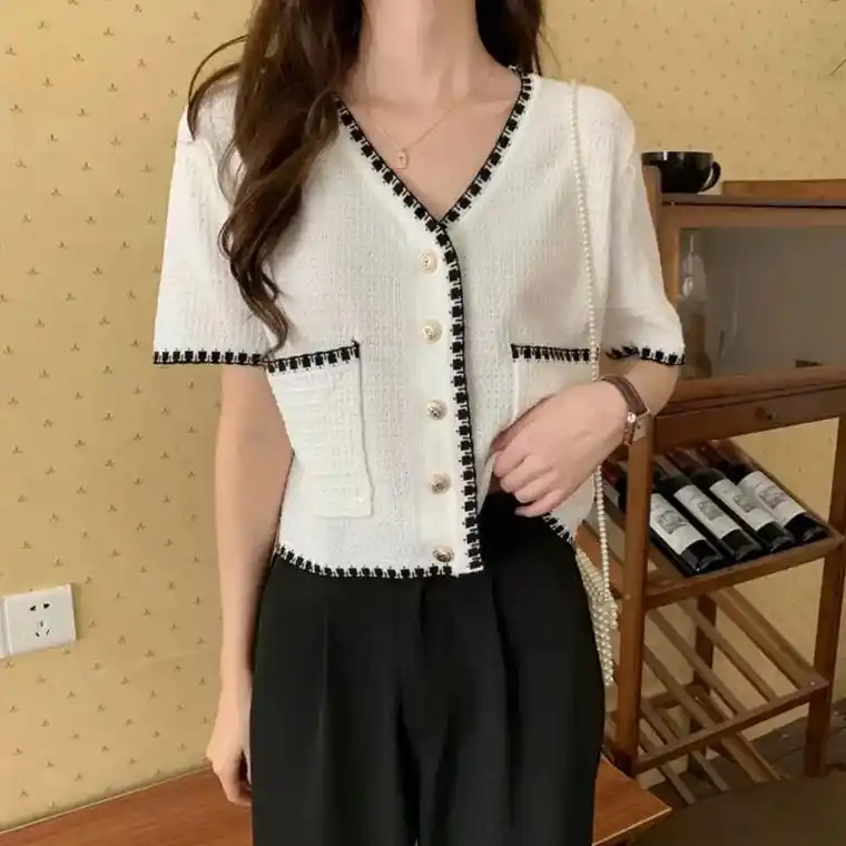 2022款夏季薄款冰丝针织衫短袖t恤女装