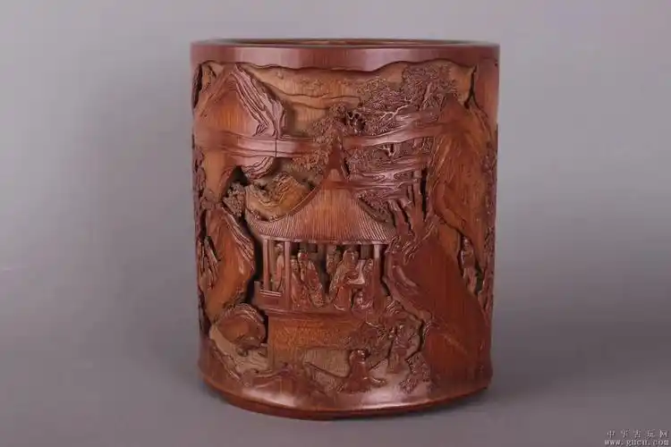 明末清初沈大生制兰亭雅集竹雕笔筒