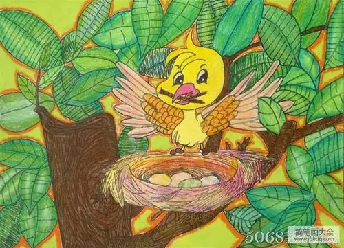 小鸟妈妈蜡笔画,绿色家园环保画作品分享_母亲节儿童画-画画图片大全