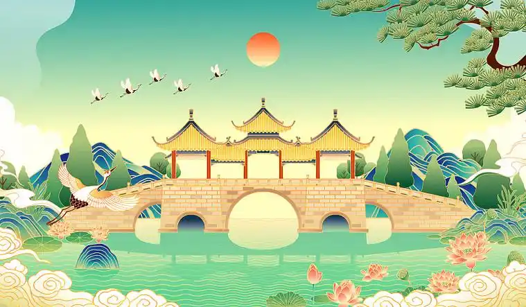 江苏扬州瘦西湖五亭桥风景矢量插画图片下载