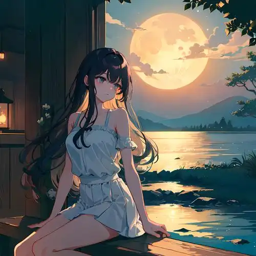 月光下的孤单美少女插画图片壁纸