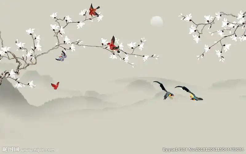 新中式花鸟画大型花鸟壁画图片