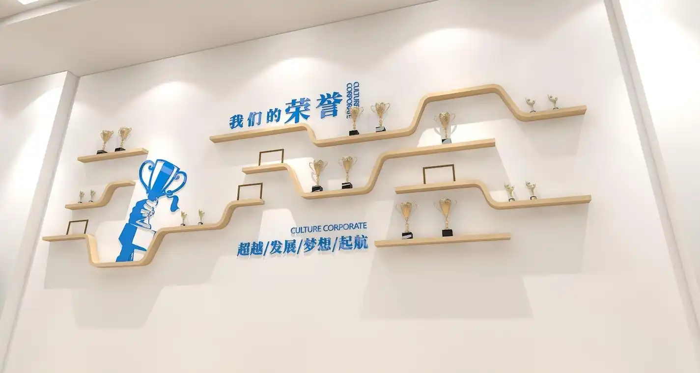 公司企业荣誉文化墙蓝色原木设计创意设计形象墙