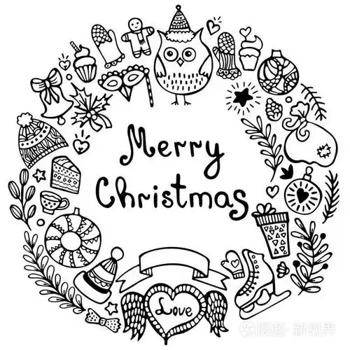 圣诞节和新年花环手绘元素冬季和节日涂鸦背景贺卡