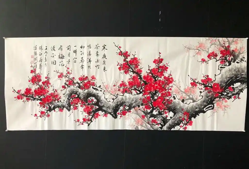梅花,六尺横幅纯手绘作品 尺寸约:180*70厘米 未装裱, - 抖音