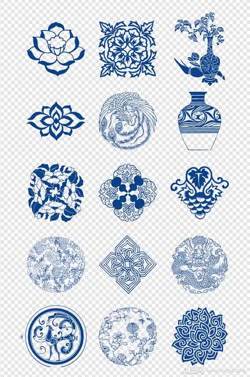 青花瓷图案合集青花瓷花纹4免扣元素素材