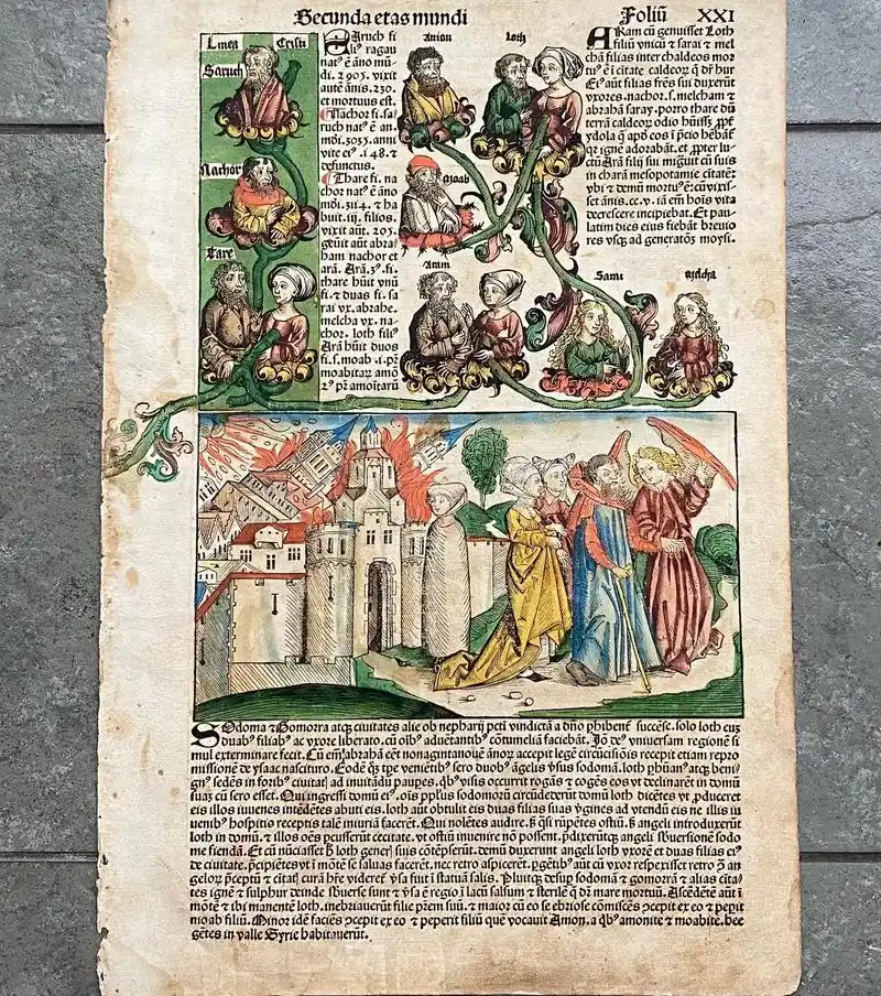 1493年42厘米大幅木刻版画《纽伦堡编年史散页》,附有丢勒