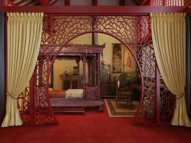 古代寝宫内部图,还有古董店(《哑舍》)内部图,用作话剧的背景