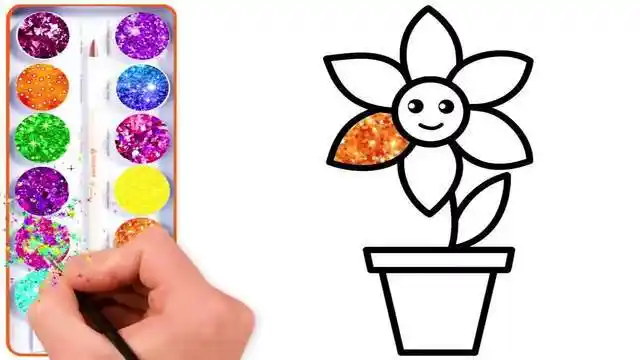 儿童涂鸦简笔画绘画出的六瓣鲜花来帮它上色吧