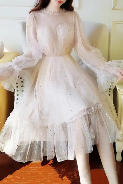 新款韩版百搭木耳边领星星亮片镂空网纱喇叭袖中长款拼接连衣裙女